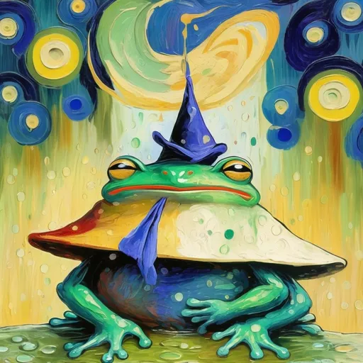 Prompt: Frog wearing a wizard hat, Picasso style,