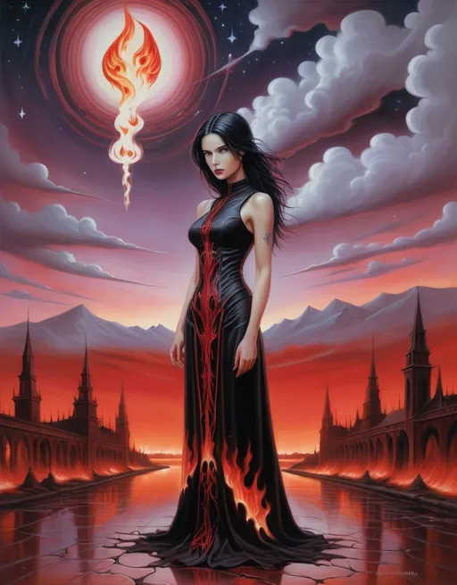 Prompt: a painting of an women with flames in the background and a red sky in the background with stars and a red light, Anne Stokes, gothic art, yusuke murata, poster art