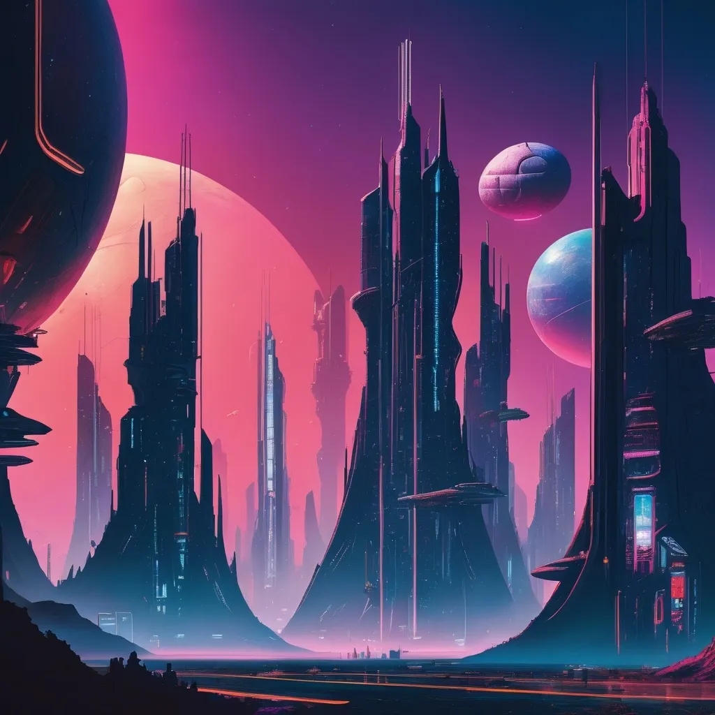 Prompt: A futuristic city on a distant planet with towering structures and neon lights