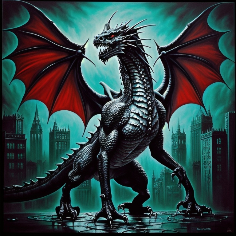 Prompt: Oil painting print , dragon ,Gothic,Cyperpunk , city style , melting, concert poster, trick shot 