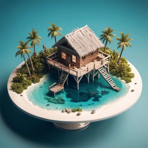 Prompt: miniature isometric world render, a hut surrounded by clear water, bahamas, on a table