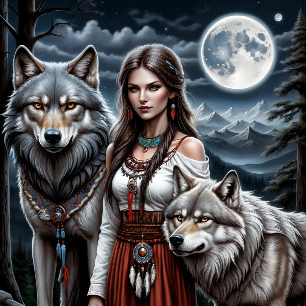 Prompt: a woman in native clothing standing next to a wolf in front of a full moon sky with mountains and trees, Anne Stokes, fantasy art, highly detailed digital painting, a fine art painting