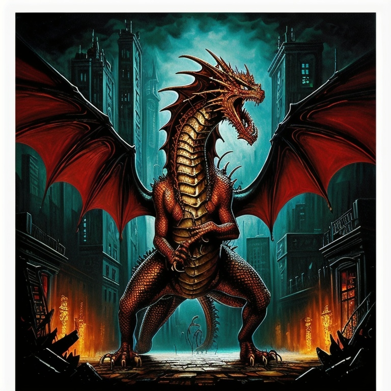 Prompt: Oil painting print , dragon ,Gothic,Cyperpunk , city style , melting, concert poster, trick shot 