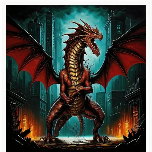 Prompt: Oil painting print , dragon ,Gothic,Cyperpunk , city style , melting, concert poster, trick shot 