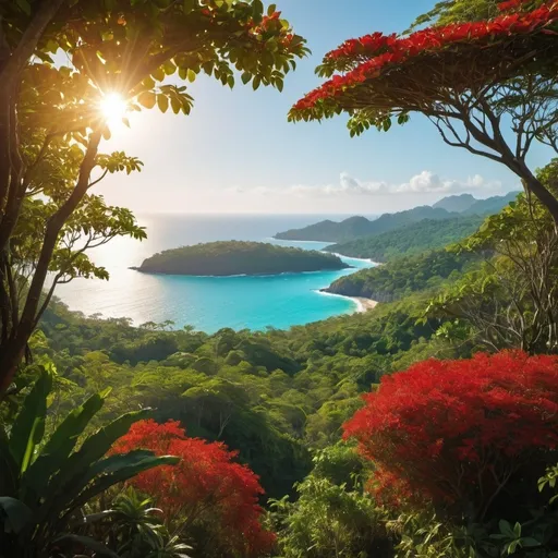 Prompt: a jungle with red and green and yelloe trees with a sea behind it and the sun is sitting