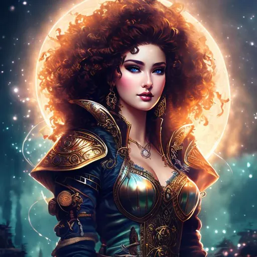 Prompt: fantasy art of a ephemeral goddess woman, detailed illustration of a woman's full body of a Beautiful woman, armor steampunk, confident, with disheveled curly hair, punk, with magic energy, with movement, with magic with perfect and outlined eyes, perfect mouth, good resolution, full body, perfect