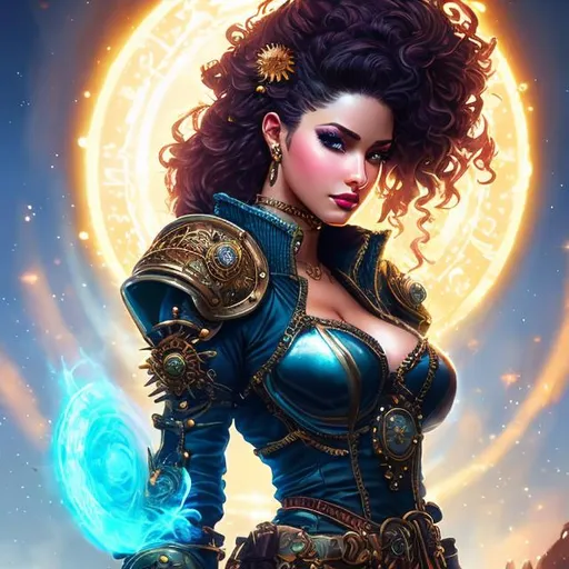 Prompt: fantasy art of a ephemeral goddess woman, detailed illustration of a woman's full body of a Beautiful woman, armor steampunk, confident, with disheveled curly hair, punk, with magic energy, with movement, with magic with perfect and outlined eyes, perfect mouth, good resolution, full body, perfect