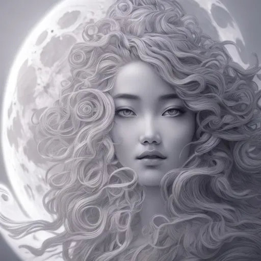 Prompt: incredible detailed drawing of a soul goddess floating over the moon,detailed face, curly hair cloud flowing dress,  white and gray color , hand draw illustration, artstation, stylistic, anime