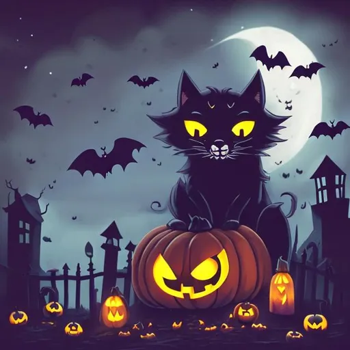 Prompt: A spooky and cute illustration of a black cat with yellow eyes and a purple collar sitting on a wooden windowsill with a jack-o-lantern and a candle beside it, looking at a full moon and a swarm of bats in the dark blue sky, Halloween themed drawing