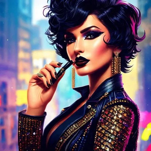 Prompt: Beautiful woman. full body,Glitz. Detailed hyperrealistic pulp illustration. Confidence. Swagger. Disheveled. Punk. Dancing. Energy. Movement. Eyeliner. Mascara. Lipstick. Gantry, very beautiful , perfect, perfect hands, 8k, high resolution, full body