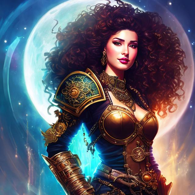 Prompt: fantasy art of a ephemeral goddess woman, detailed illustration of a woman's full body of a Beautiful woman, armor steampunk, confident, with disheveled curly hair, punk, with magic energy, with movement, with magic with perfect and outlined eyes, perfect mouth, good resolution, full body, perfect