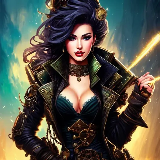 Prompt: fantasy art of a woman, detailed illustration of a woman's full body of a Beautiful woman, steampunk, confident, arrogant, with disheveled hair, punk, with energy, with movement, with perfect and outlined eyes, perfect mouth, good resolution, full body, perfect