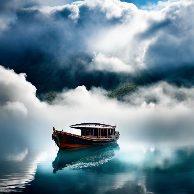 Prompt: epic draw image of a boat, floating in the clouds, with the clouds turning into water, super detailed, 8k, high definition