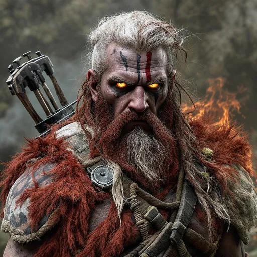 Prompt: create a photorealistic image of a male human post apocalyptic character with a compound bow give him long hair and a beard white hair with gold eyes