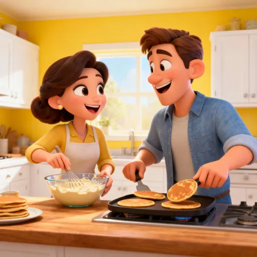 Prompt: Cooking with Joy

Story Idea: They cook breakfast together, laughing and helping each other.
Video Prompt (Scene 2):
Bright cheerful kitchen, wife mixing pancake batter while husband flips pancakes. They smile at each other with playful joy. 3D Pixar style, ultra-HD, cocomelon-like colors, warm atmosphere.