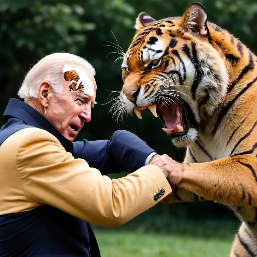 Prompt: sleepy joe biden fighting a Tiger
