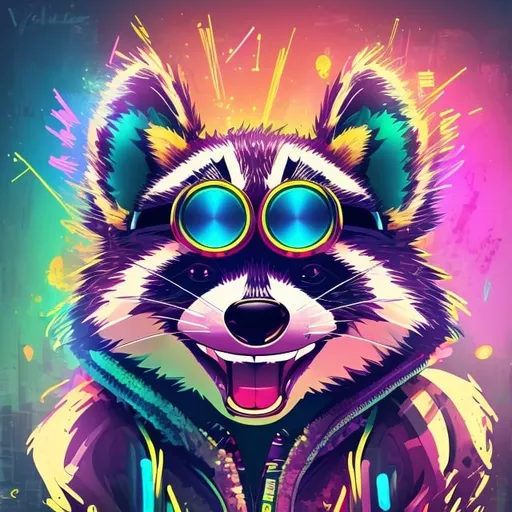 Prompt: raccoon DJ, vibrant and energetic atmosphere, dynamic music, colorful party lights, cool and stylish DJ equipment, detailed fur with playful textures, lively and expressive eyes, energetic and upbeat vibe, high quality, cartoon, playful, DJ raccoon, vibrant atmosphere, dynamic music, party lights, energetic vibe, dynamic colors, vibrant palette