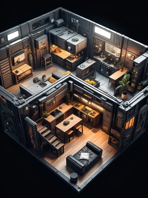 Prompt: Design a map of a cyberpunk themed flat, consulting of a living room with kitchen, bedroom and a bathroom, with minimum furniture made out of crates and Doors.