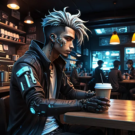 Prompt: Anime cyberpunk style, man in coffee shop, highly detailed, HD, dark background