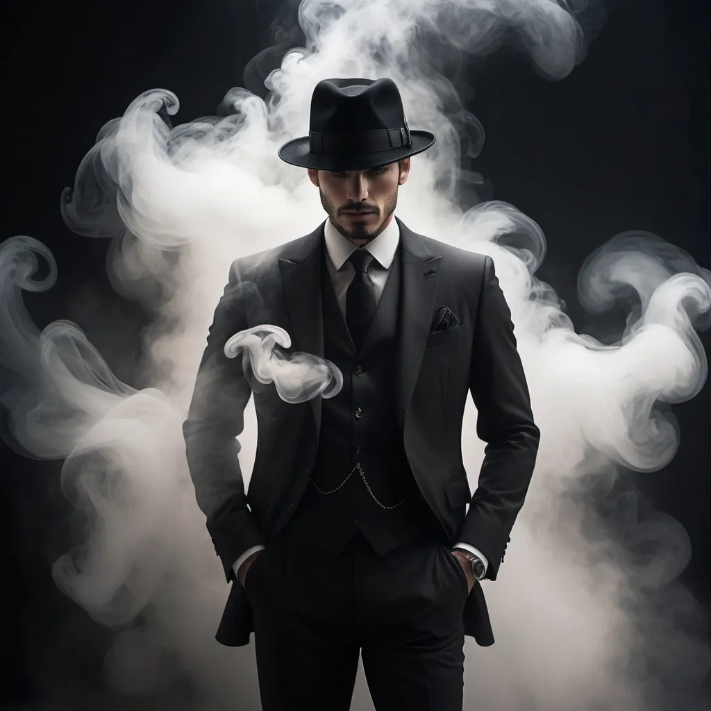 Prompt: A man wearing (sleek black suit) and (dark black hat), standing in a (smoky atmosphere), surrounded by swirling wisps of mist, creating an air of (mystique) and (intrigue). The background is dimly lit with muted lighting, enhancing the (dramatic) and (mysterious) ambiance. The overall image should be (ultra-detailed), exuding a (stylish) vibe.