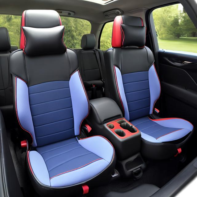 Prompt: Two Children foldable car seats within big SUV car rear seats 