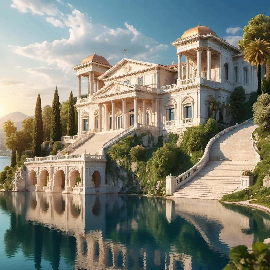 Prompt: a beautiful white roman-stilled palace located on a tall hill. the building must be fully build. down the hill must be a lake