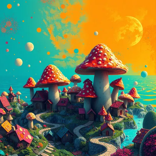 Prompt: fantasy village of (mushroom homes), (huge mushrooms) and house-sized mushrooms, (vibrant color scheme), digital art, (mushroom city), (Teal and orange ocean), contrasting (triadic colors), (splash art), influenced by the styles of Leonid Afremov, Andy Warhol, and Scott Naismith, whimsical atmosphere, rich textures, bright highlights, dynamic composition, (highly detailed), (4K quality)