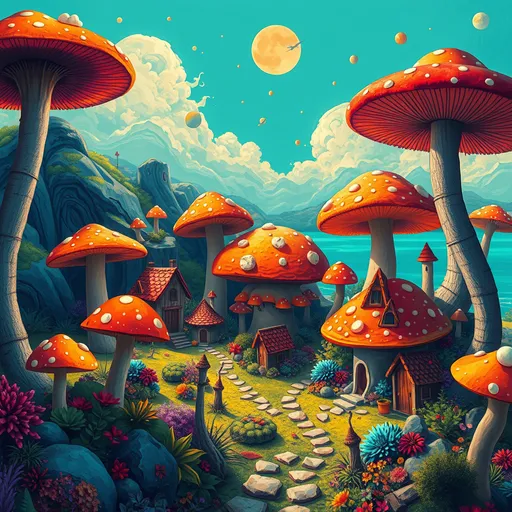 Prompt: fantasy village of (mushroom homes), (huge mushrooms) and house-sized mushrooms, (vibrant color scheme), digital art, (mushroom city), (Teal and orange ocean), contrasting (triadic colors), (splash art), influenced by the styles of Leonid Afremov, Andy Warhol, and Scott Naismith, whimsical atmosphere, rich textures, bright highlights, dynamic composition, (highly detailed), (4K quality)