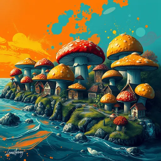 Prompt: village of mushroom homes, huge mushrooms, house-sized mushrooms, digital art, mushroom city, Teal and orange ocean, contrasting colors, triadic colors, splash art,  by Leonid Afremov and Andy Warhol and Scott Naismith