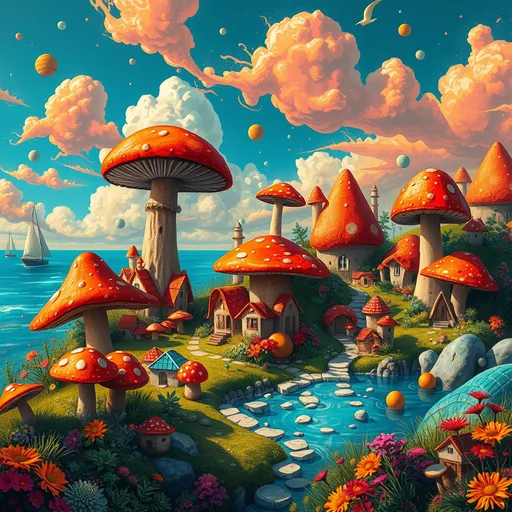 Prompt: fantasy village of (mushroom homes), (huge mushrooms) and house-sized mushrooms, (vibrant color scheme), digital art, (mushroom city), (Teal and orange ocean), contrasting (triadic colors), (splash art), influenced by the styles of Leonid Afremov, Andy Warhol, and Scott Naismith, whimsical atmosphere, rich textures, bright highlights, dynamic composition, (highly detailed), (4K quality)