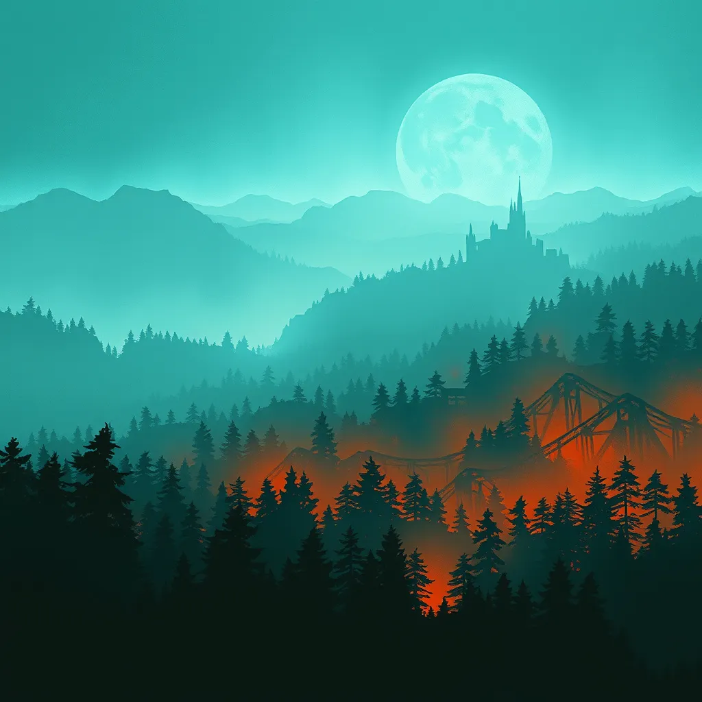 Prompt: (splash art), (teal and orange color palette), textured (grunge), multiple layers of (silhouette buildings), intricate (silhouette trees), sharp edges, heavy (fog), (vector style), horizon silhouette, (landscape wallpaper), inspired by (Alena Aenami), (firewatch game style), atmospheric depth, stunning visual impact, (highly detailed design), captivating scenery, (dramatic mood), beautiful landscape.