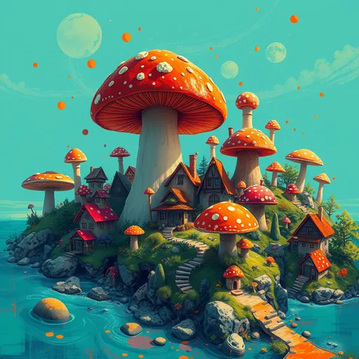 Prompt: fantasy village of (mushroom homes), (huge mushrooms) and house-sized mushrooms, (vibrant color scheme), digital art, (mushroom city), (Teal and orange ocean), contrasting (triadic colors), (splash art), influenced by the styles of Leonid Afremov, Andy Warhol, and Scott Naismith, whimsical atmosphere, rich textures, bright highlights, dynamic composition, (highly detailed), (4K quality)