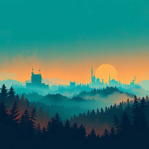 Prompt: (splash art), (teal and orange color palette), textured (grunge), multiple layers of (silhouette buildings), intricate (silhouette trees), sharp edges, heavy (fog), (vector style), horizon silhouette, (landscape wallpaper), inspired by (Alena Aenami), (firewatch game style), atmospheric depth, stunning visual impact, (highly detailed design), captivating scenery, (dramatic mood), beautiful landscape.