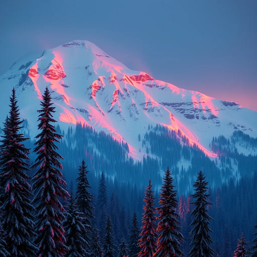 Prompt: snowy Alaskan mountain, forest, fir trees, magnificent, elegant, beautiful, dynamic lighting, kilian eng, theme park, fantastical, light dust, elegant, diffuse, grimmer, intricate, light dust, orange and teal contrast volumetric lighting, triadic colors, splash art, Teal and orange ocean, contrasting colors, triadic colors, splash art,  by Leonid Afremov and Andy Warhol and Scott Naismith