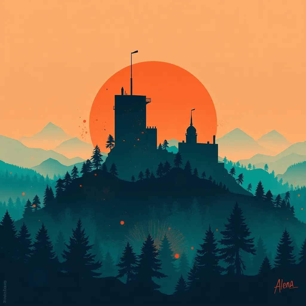 Prompt: splash art, teal and orange, texture, grunge, Multiple layers of silhouette {buildings}, with silhouette of {trees}, sharp edges, with heavy fog in air, vector style, horizon silhouette Landscape wallpaper by Alena Aenami, firewatch game style, vector style background