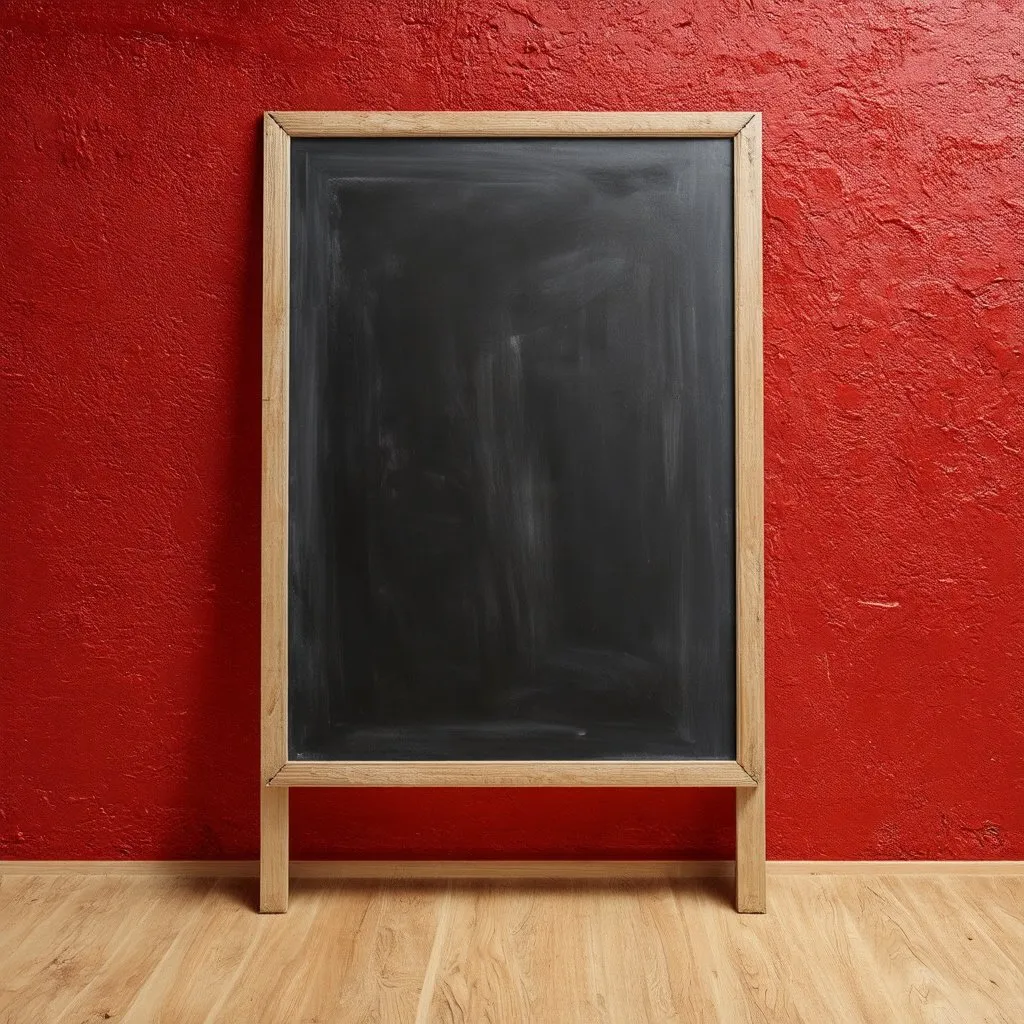 Prompt: Chalkboard leaning against red wall, chalkboard with 'no leaning', realistic painting, detailed chalk texture, high quality, realistic, minimalist, red tones, strong lighting