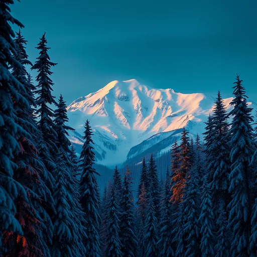 Prompt: snowy Alaskan mountain, forest, fir trees, magnificent, elegant, beautiful, dynamic lighting, kilian eng, theme park, fantastical, light dust, elegant, diffuse, grimmer, intricate, light dust, orange and teal contrast volumetric lighting, triadic colors, splash art, Teal and orange ocean, contrasting colors, triadic colors, splash art,  by Leonid Afremov and Andy Warhol and Scott Naismith