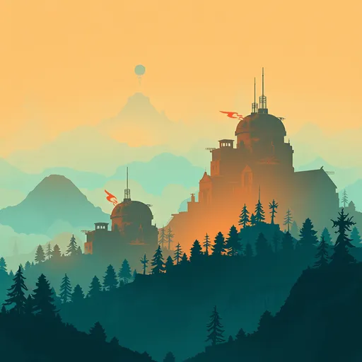 Prompt: splash art, teal and orange, texture, grunge, Multiple layers of silhouette {buildings}, with silhouette of {trees}, sharp edges, with heavy fog in air, vector style, horizon silhouette Landscape wallpaper by Alena Aenami, firewatch game style, vector style background