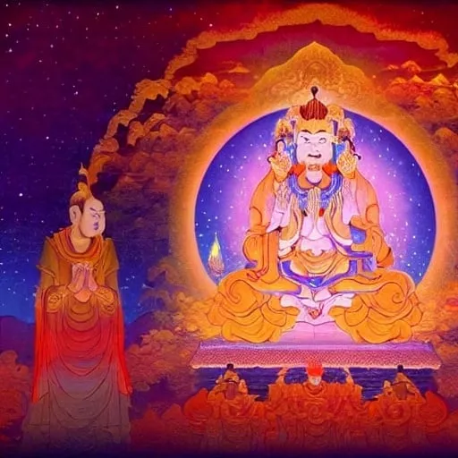 Prompt: a serene temple with intricate carvings of Arhats, glowing with ethereal light. The scene is set in a vast, starry cosmos with floating golden script of the Diamond Sutra, creating an aura of spiritual energy and enlightenment. High-resolution, detailed textures, and vibrant colors.