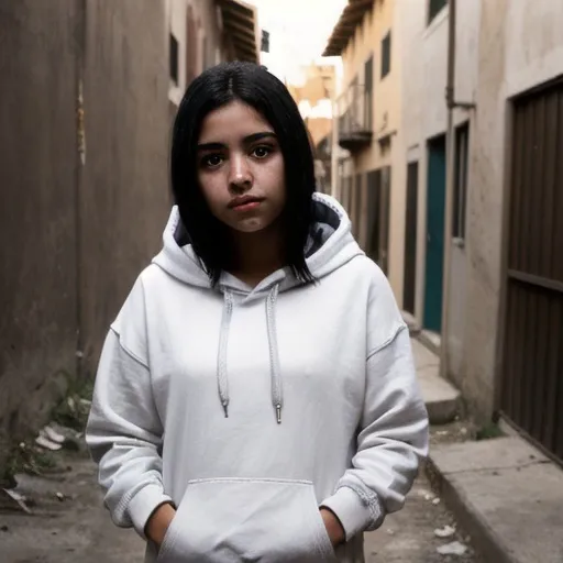 Prompt: woman of about 18 years old, simple, humble, Latina, loose black hair, slanted eyes, wearing a hoodie, on a dirt street