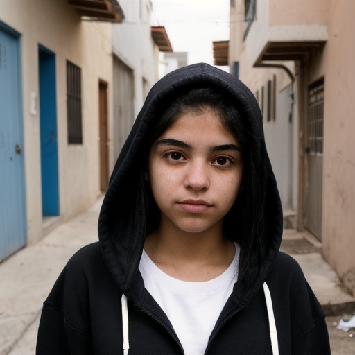 Prompt: woman of about 18 years old, simple, humble, Latina,  black hair, slanted eyes, wearing a hoodie, on a dirt street