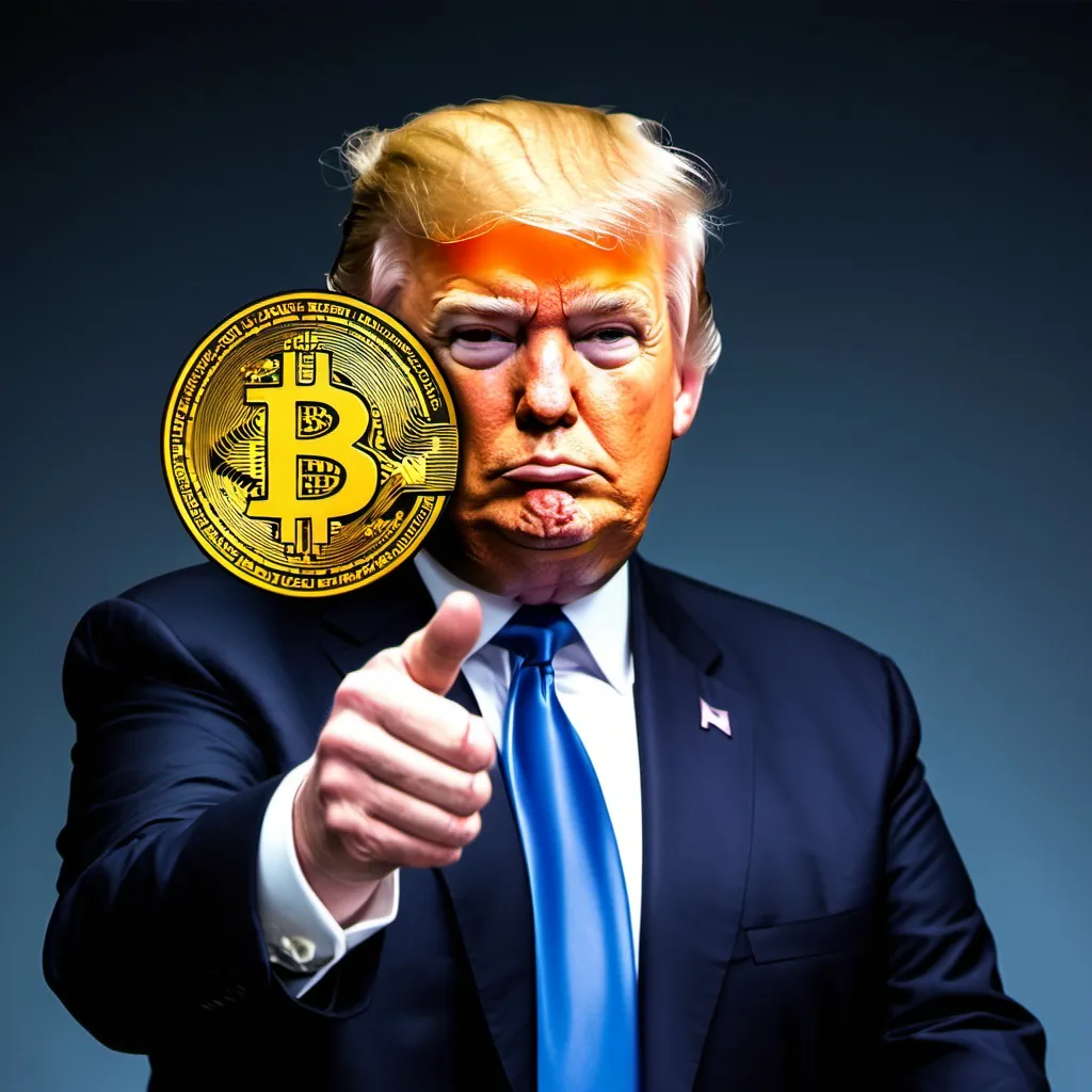 Prompt: Donald’s trump holding up a bitcoin