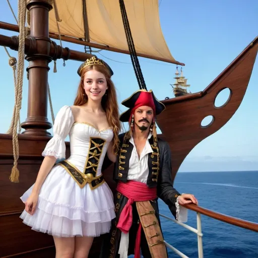 Prompt: a princess on a ship next to a pirate 