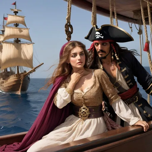 Prompt: The sultan's daughter is captured by a pirate on a ship 