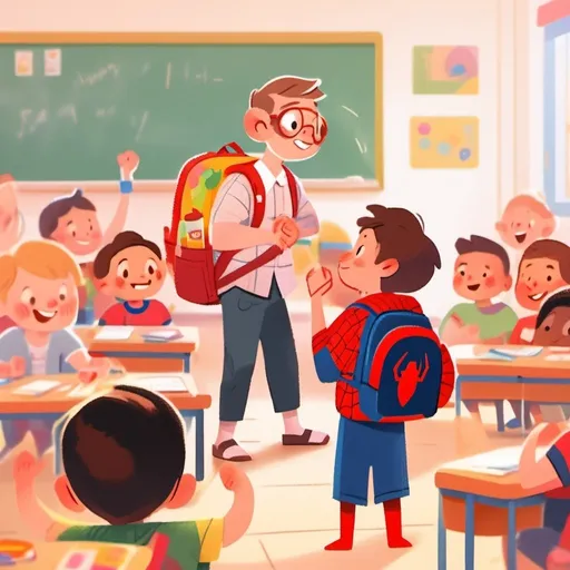 Prompt: In a brightly lit classroom, a little boy nervously clutches their lunchboxes. Hes wearing a backpack and a Spiderman shirts. A kind-looking teacher with a warm smile kneels in front of him, welcoming them to the new school year.
