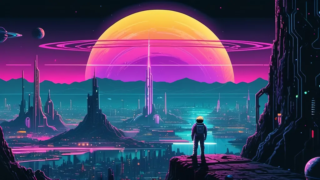 Prompt: guy standing on cliff over huge futuristic city on saturns moon, neon lights, space ship in sky, retro painting, 1980s dark fantasy, retro arcade, detailed pixel art, atmospheric lighting, circuit board