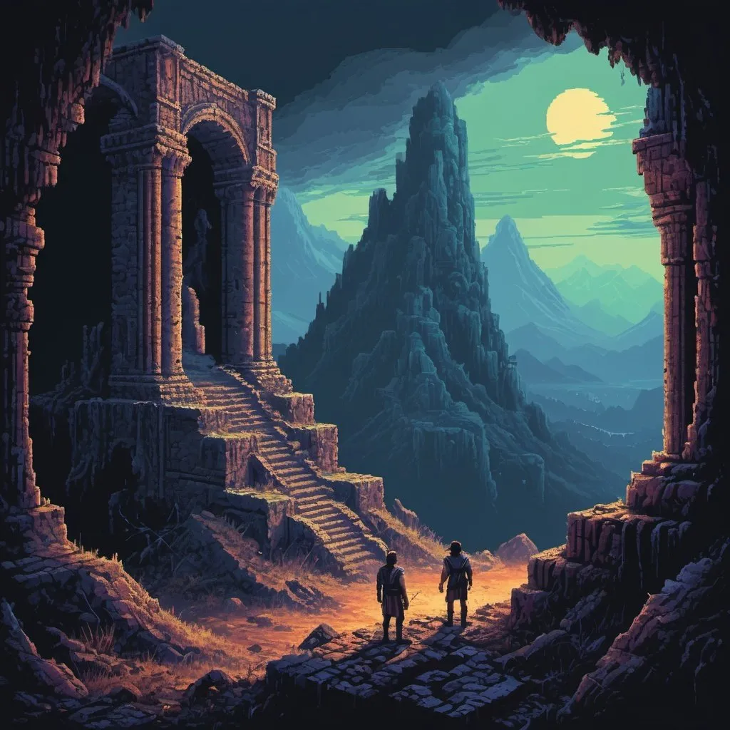 Prompt: adventurer discovering ancient muntain ruins, retro painting, 1980s dark fantasy, retro arcade, detailed pixel art, atmospheric lighting