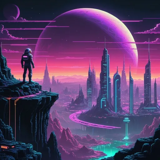 Prompt: guy standing on cliff over huge futuristic city on saturns moon with neon lights, retro painting, 1980s dark fantasy, retro arcade, detailed pixel art, atmospheric lighting,
