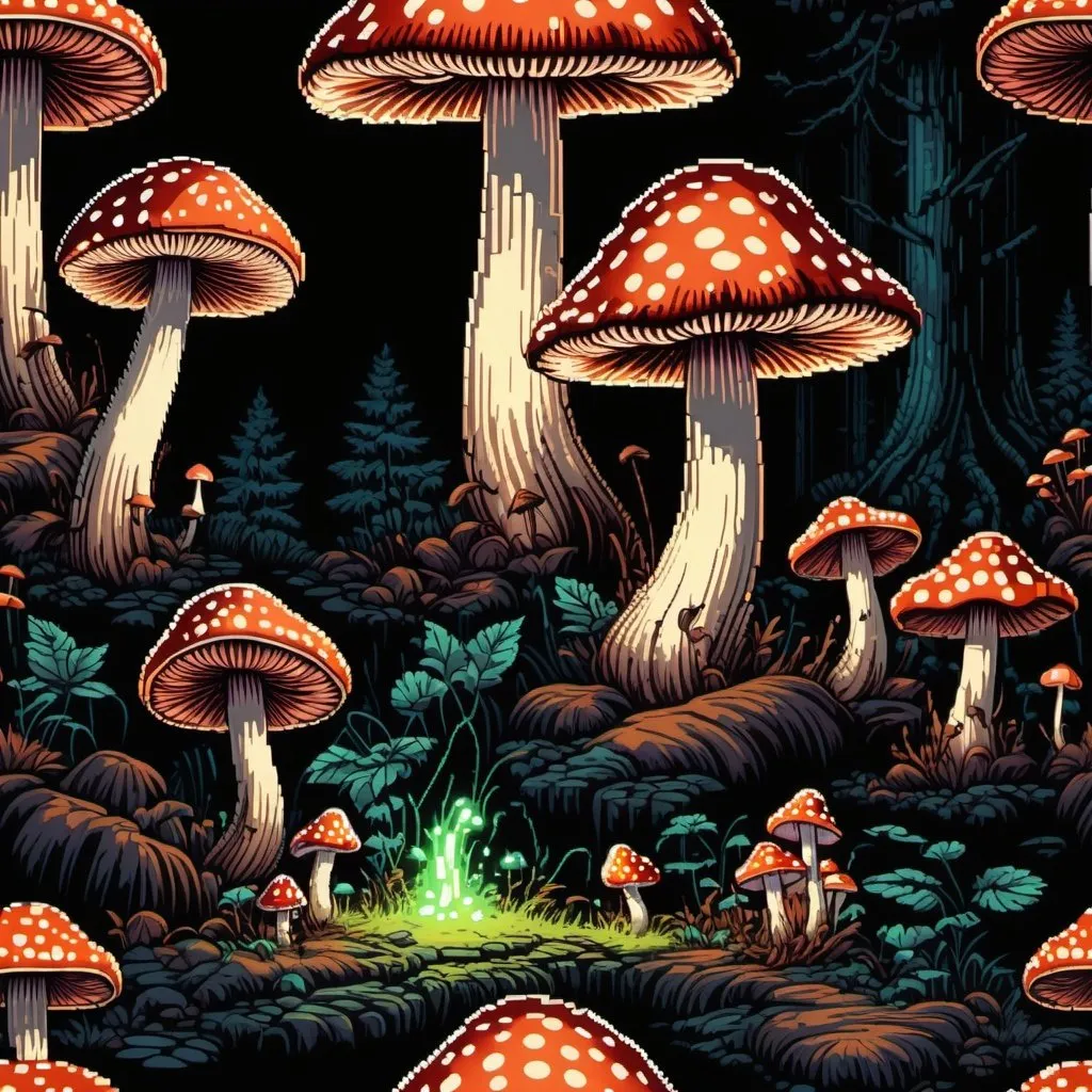 Prompt: glowing mushrooms in pitch black forest, retro painting, 1980s dark fantasy, retro arcade, detailed pixel art, atmospheric lighting, dark background