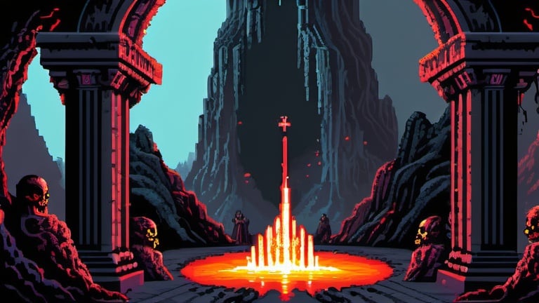 Prompt: necromancer doing satanhic summoning ritual, dark fantasy, retro arcade, lava waterfalls, retro painting, 1980s dark fantasy, detailed pixel art, dynamic view, demons, detailed scenery